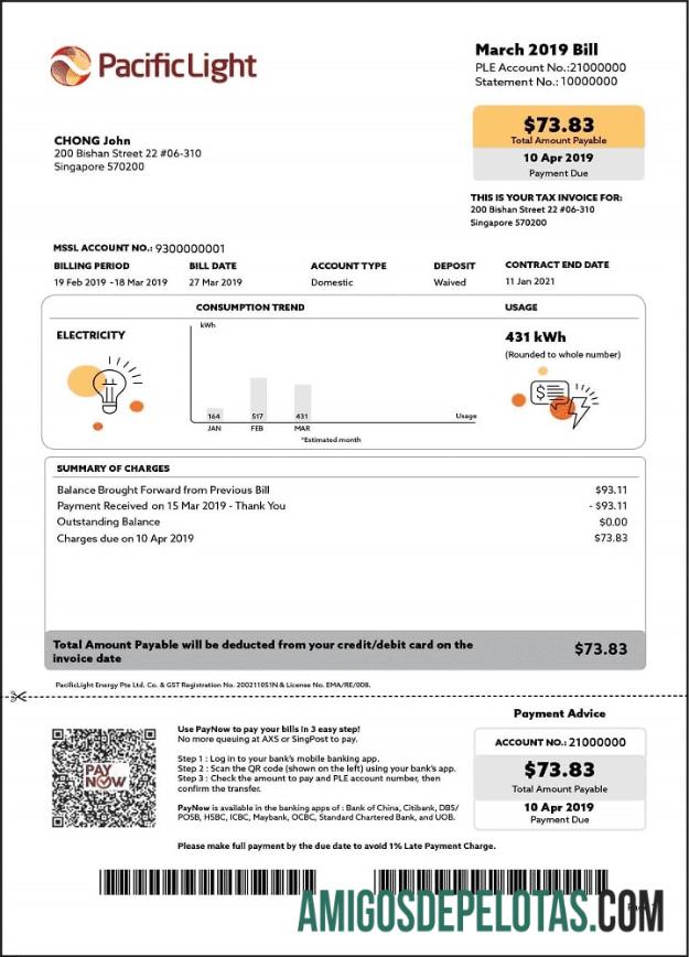imprimível Modelo de conta de serviços públicos de eletricidade da Singapore Pacific Light em formato Word e PDF